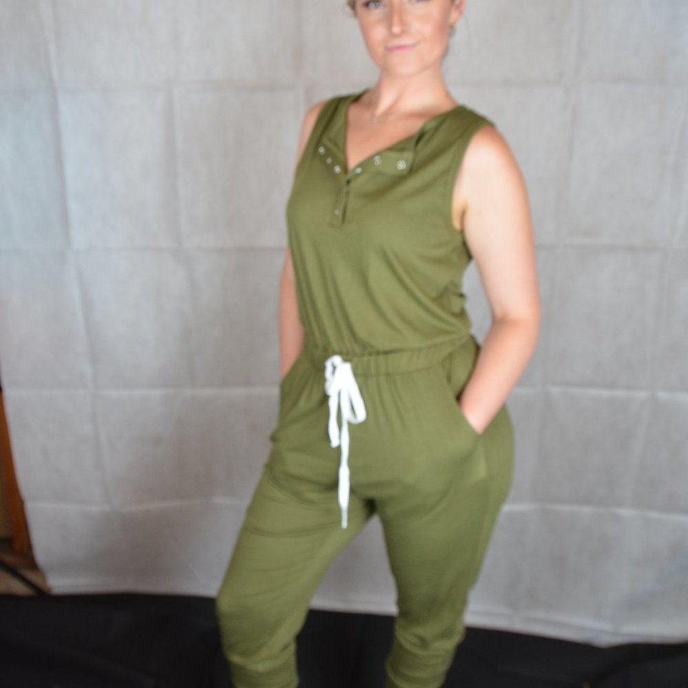 Button Front Sleeveless Drawstring Jogger Jumpsuit - image 3